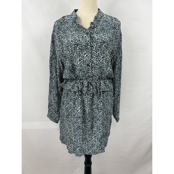 Equipment Shirt Dress Blue Animal Leopard Print 8 Silk Long Sleeve Drawstring - Picture 1 of 8